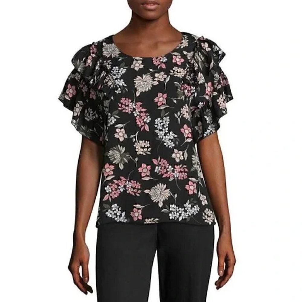 Libby Edelman Black Floral Ruffle Sleeve Blouse